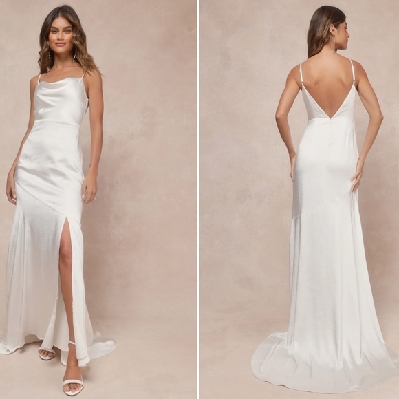 LULU's Bridal Satin Cowl Neck Modest Elegant Open Back Sophisticated Maxi Gown - Picture 1 of 3